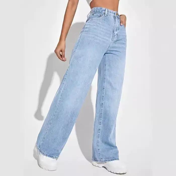 Lucyever-Pantalon en denim délavé bleu clair pour femme