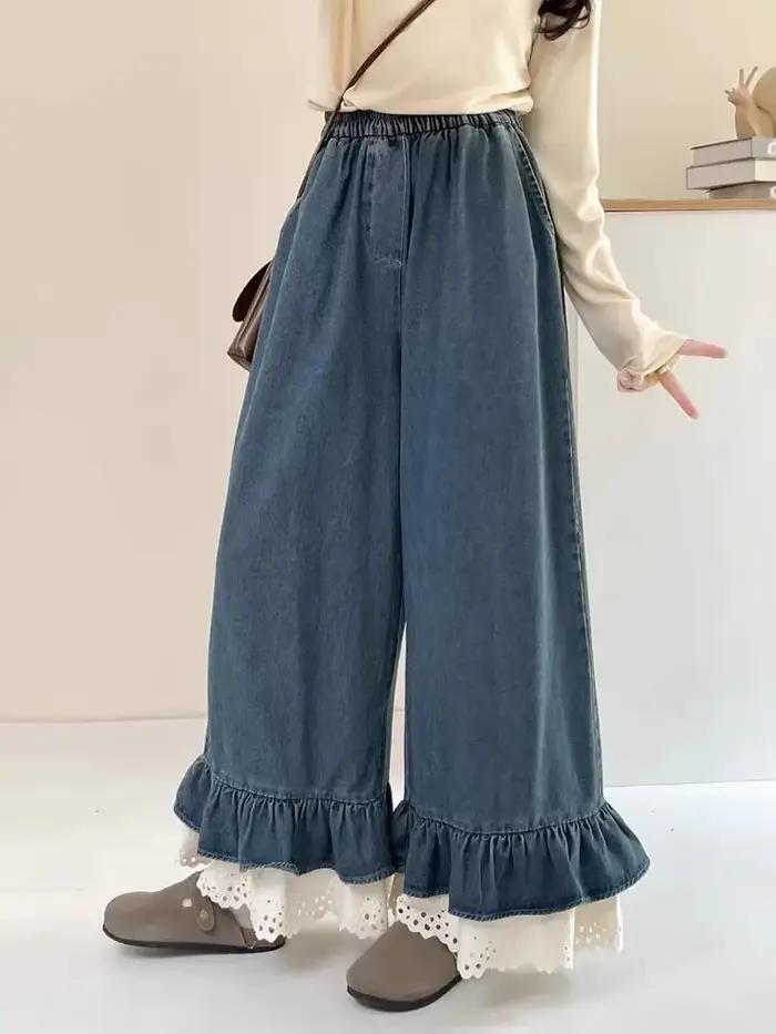 Dentelle Patchwork femmes jean automne surdimensionné doux ample décontracté volants Denim pantalon Vintage Streetwear