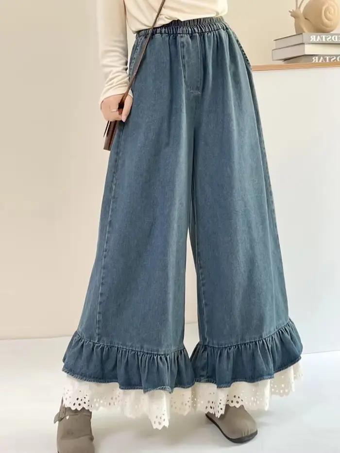 Dentelle Patchwork femmes jean automne surdimensionné doux ample décontracté volants Denim pantalon Vintage Streetwear