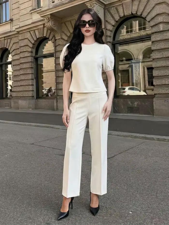 Ensemble pantalon et haut décontracté beige pour femme HH