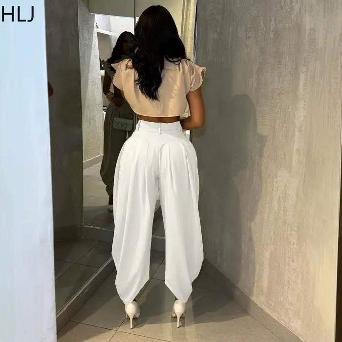 HLJ mode fleur bourgeon pantalon pour femmes couleur unie boutons froncé Patchwork