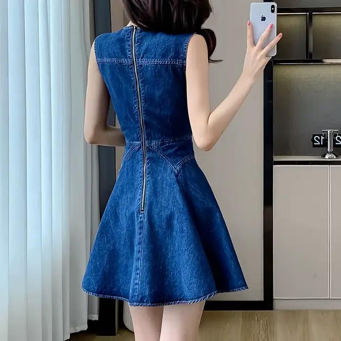 Mini Robe en Jean à Col Rond pour Femme