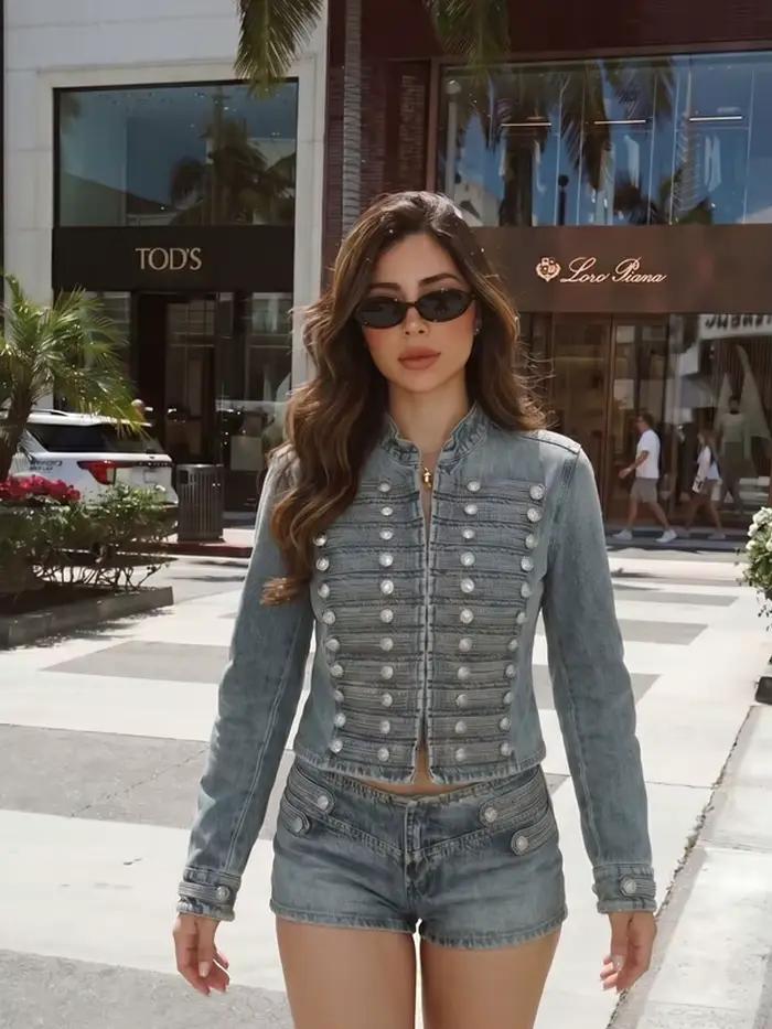 HH Blouson en jean élégant et ajusté pour femme