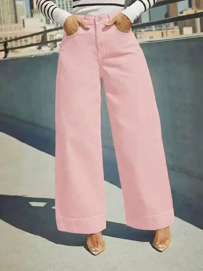 Jean rose taille haute à jambes larges