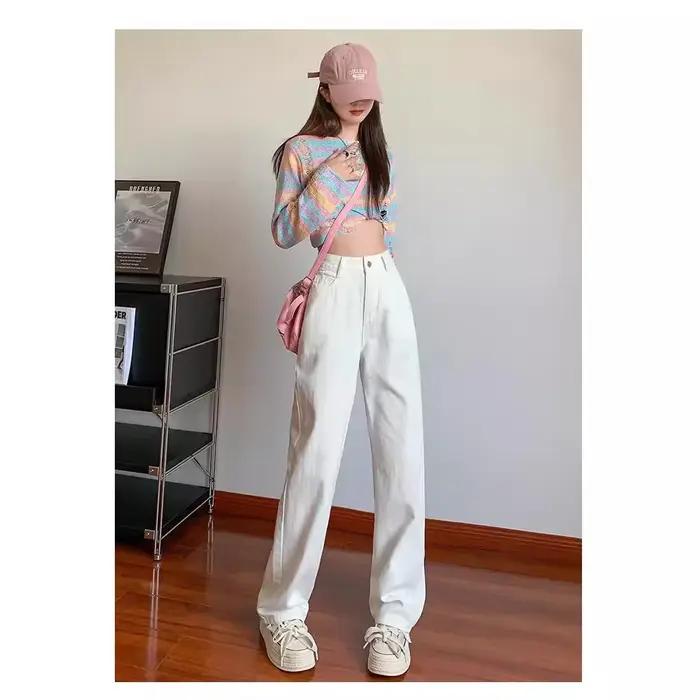 Jean blanc taille haute à jambe large pour femme