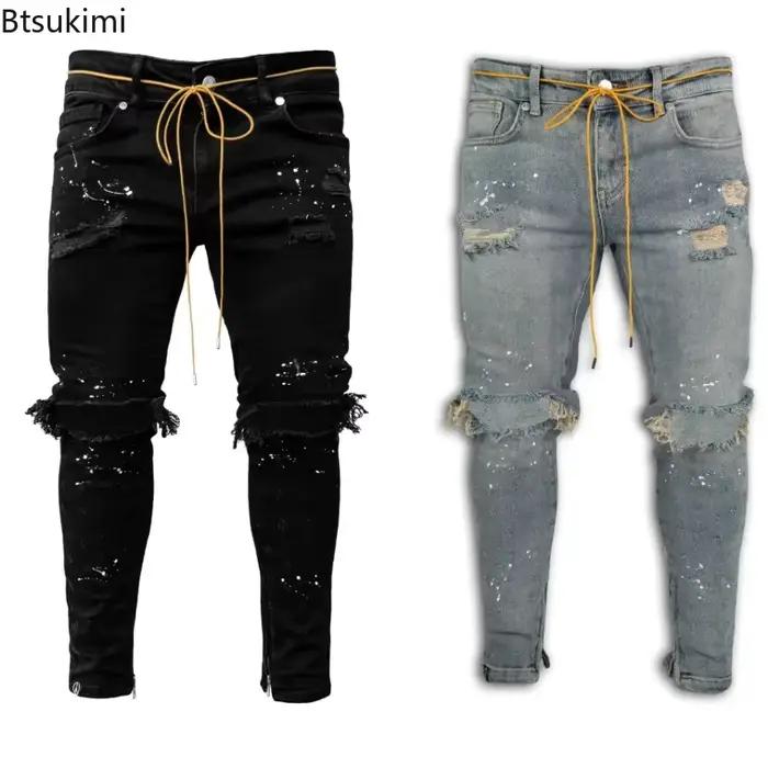 Jeans déchirés Btsukimi pour homme, bleu ciel et noir, style hip hop, ajustement confortable, idéal pour les soirées de club, fêtes et occasions décontractées