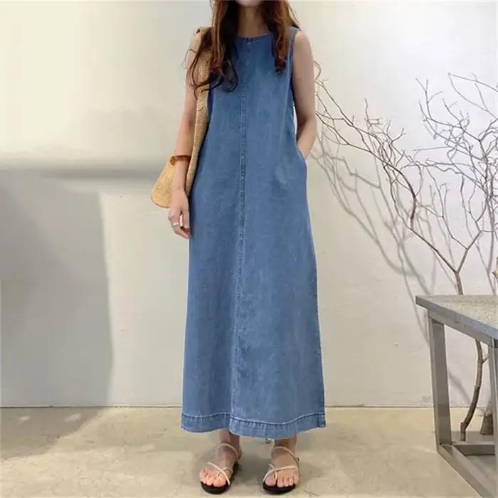 Robe longue en jean sans manches pour femme