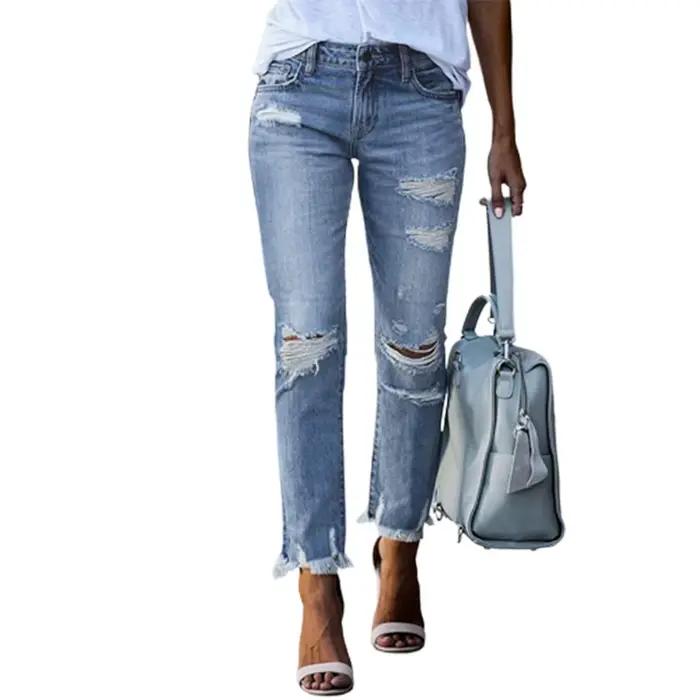 Jeans droits à pompons pour femmes avec trous cassés