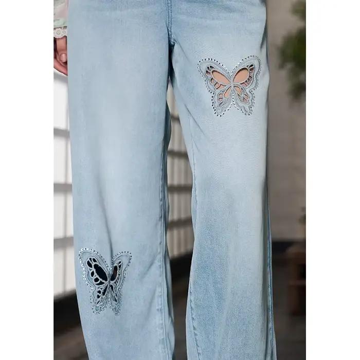 Jean à jambes larges ample à taille haute avec découpe papillon et strass pour femmes style décontracté occassions estivales et printanières