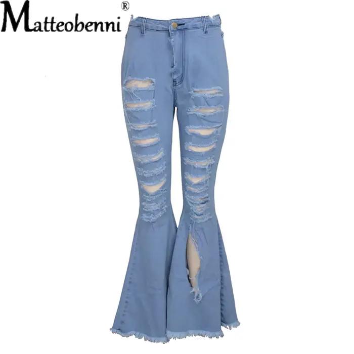 Jeans déchirés femmes Matteobenni style vintage coupe évasée élastique pour automne hiver occassions variées