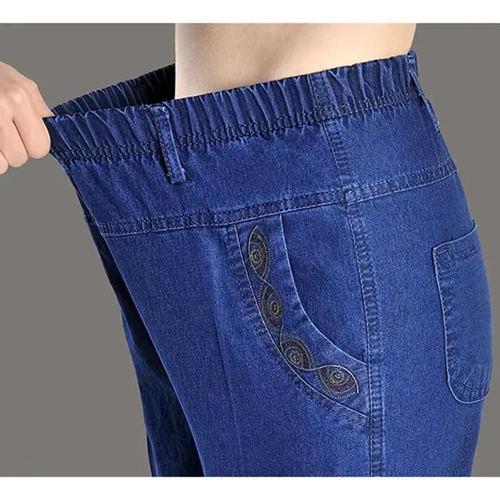 Jean femme senior printemps automne décontracté ample haut élastique brodé denim mince style droit ocassions variées