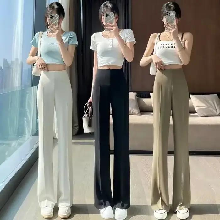 Solide couture taille haute femme pantalon jambe droite travail vêtements amples Baggy bureau