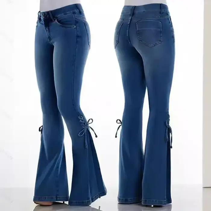 Pantalon évasé pour femmes Vintage jean à lacets extensible taille moyenne maigre en détresse lavé 2025 Streetwear