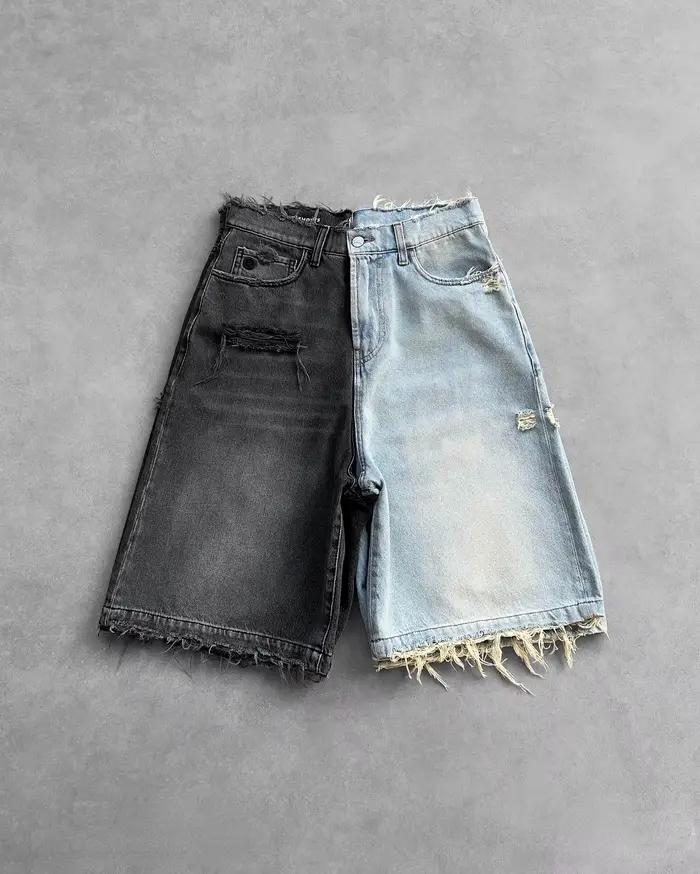Reaven haute qualité noir Punk lavé Denim Shorts hommes été Hip Hop déchiré trou bord brut Jorts Y2k rétro rue Jean