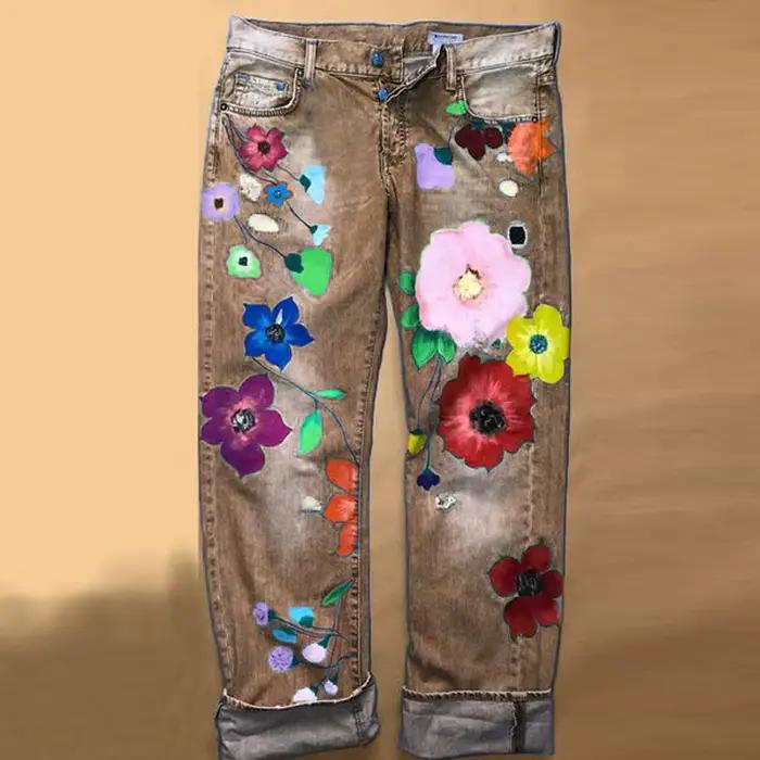 Jeans en Denim Fin pour Femmes Imprimés de Fleurs Colorées Style High Street Mode Printemps Et Été Occasions Spéciales