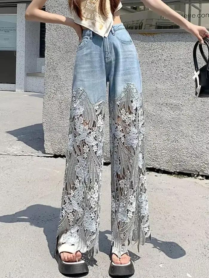 Jeans en dentelle taille haute pour femmes
