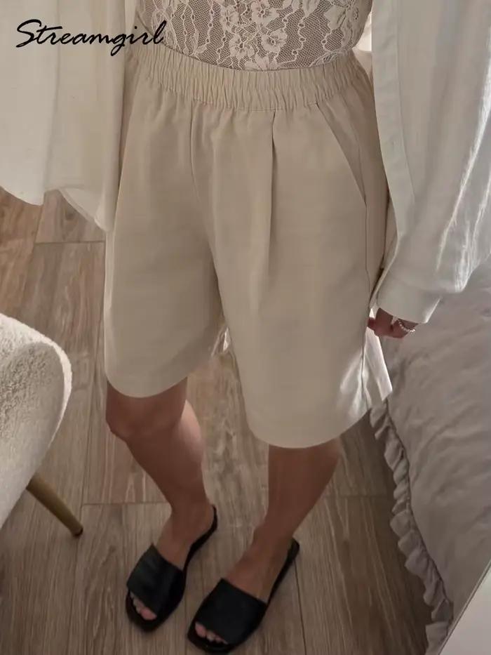 Shorts Bermuda blancs amples pour femmes en Lyocell et coton, coupe trapèze, style baggy, à jambes larges, pour été et printemps