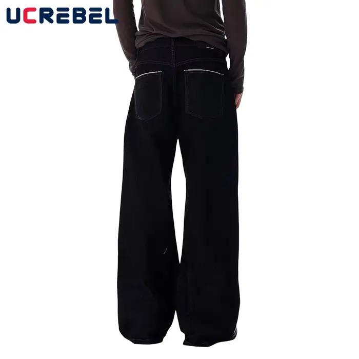 Poche pantalon en jean brut hommes couleur unie rétro haute rue droite jambe large