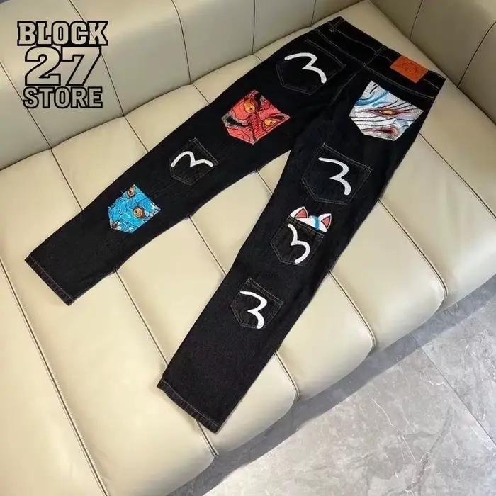 Jeans pour hommes Harajuku Fortune God imprimer Multi poche Denim pantalon nouveaux vêtements de travail Cargo