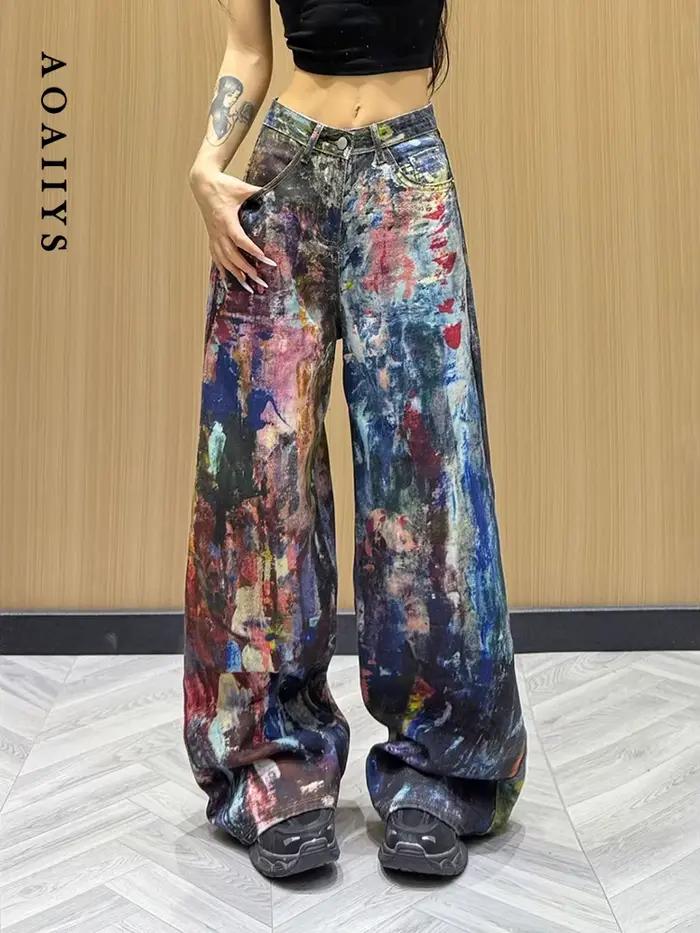 Aoaiiys cravate colorant jean femmes Graffiti Design mode pantalon Vintage gothique