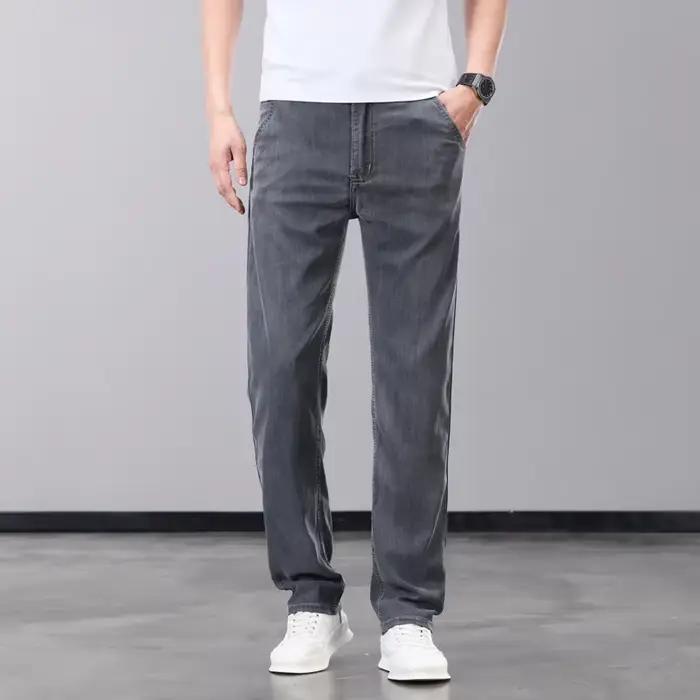 Été mince hommes jean Lyocell tissu doux respirant droit Denim pantalon marque homme élastique glace soie