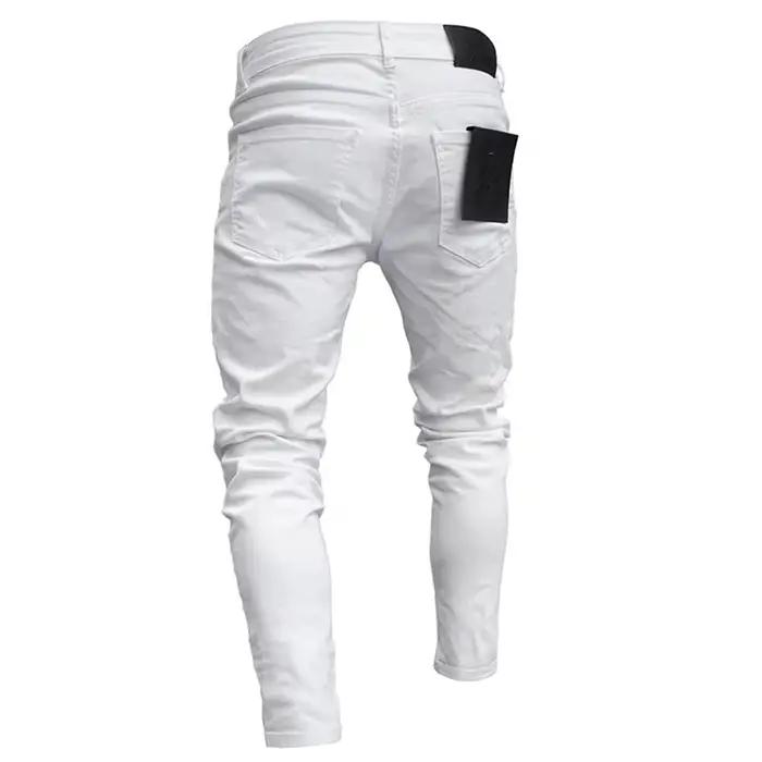 Jean déchiré moulant brodé blanc pour hommes