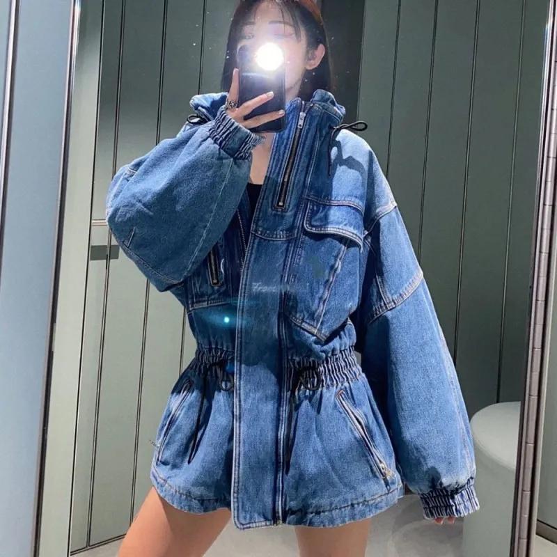 Veste en jean rembourrée mi-longue pour femme, style petit ami, taille élastique, col montant, sweat