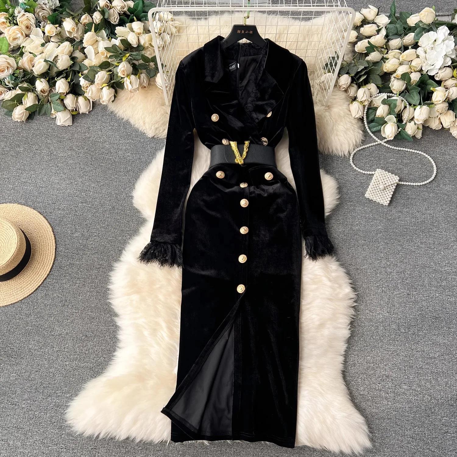 Robe en velours pour femmes, élégante, col en v, manches longues, mode, boutons moyens, gaine fendue
