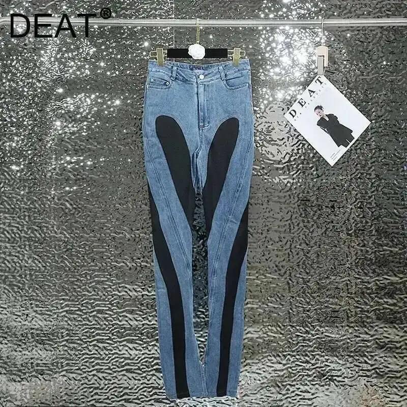 DEAT 2026 Nouvelle Collection Automne – Jean Femme Patchwork Contraste de Couleurs, Taille Haute Extensible, Fendu, Long – 1DF2575