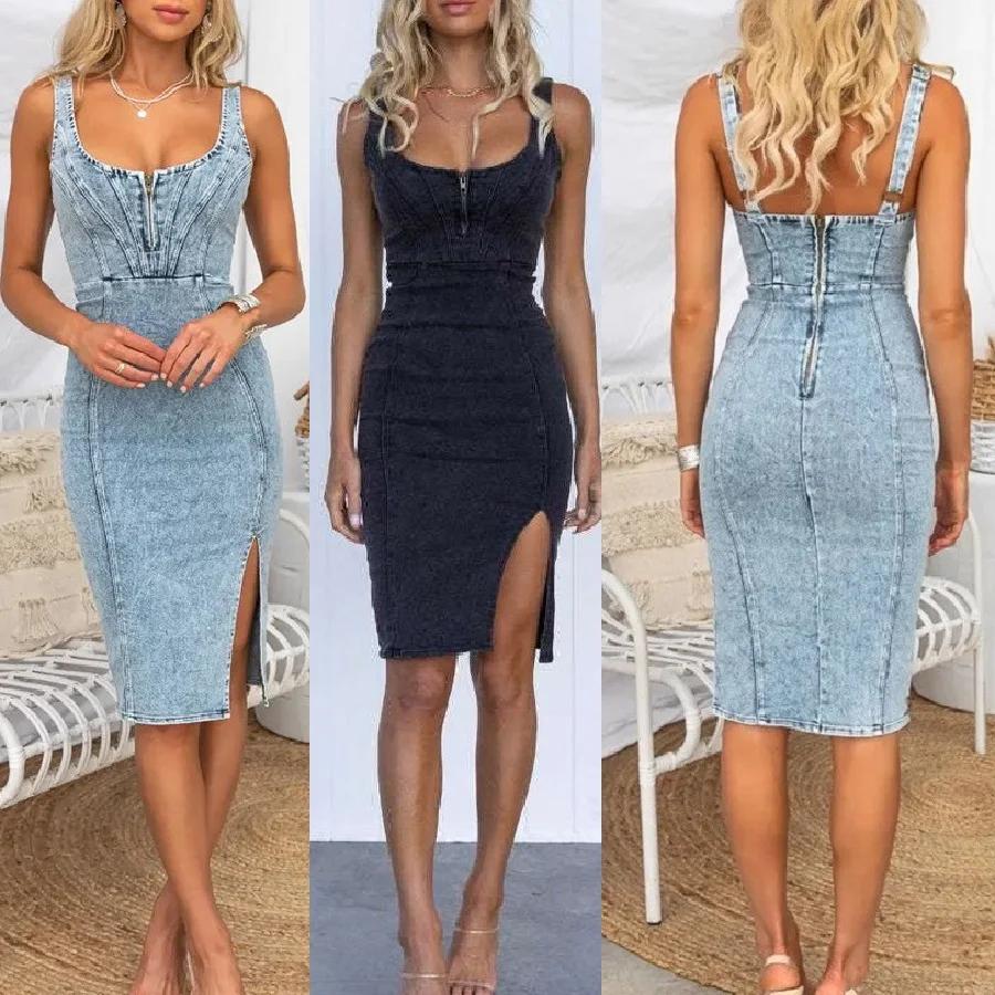 Robe en jean à bretelles spaghetti pour femmes, longueur aux genoux, vintage, éducative