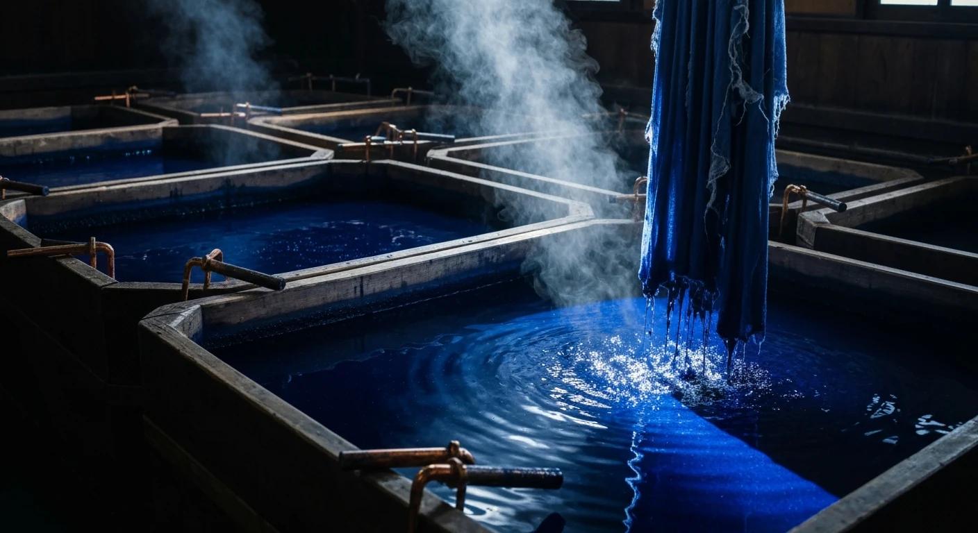 Bains d'indigo sukumo, vapeur, lumière chiaroscuro