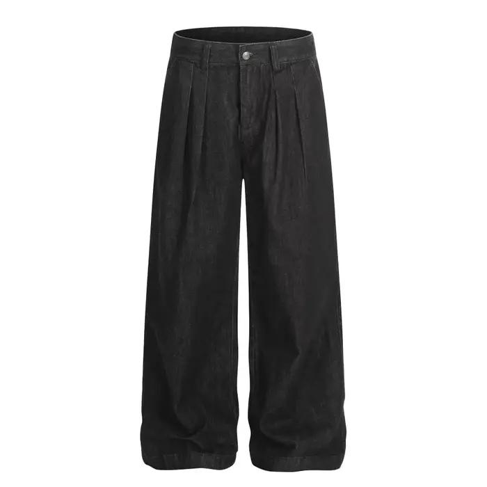 Jean brut épissé plissé pour hommes, couleur unie, rétro, décontracté, droit, jambes larges, Baggy,
