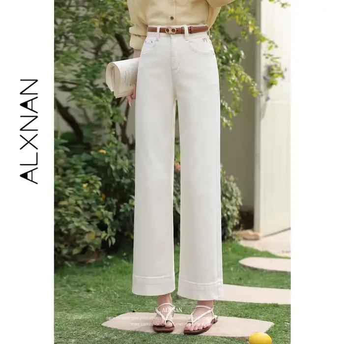 ALXNAN Jean en denim abricot coupe large décontracté élégant pantalon droit Nouvelle mode printemps-