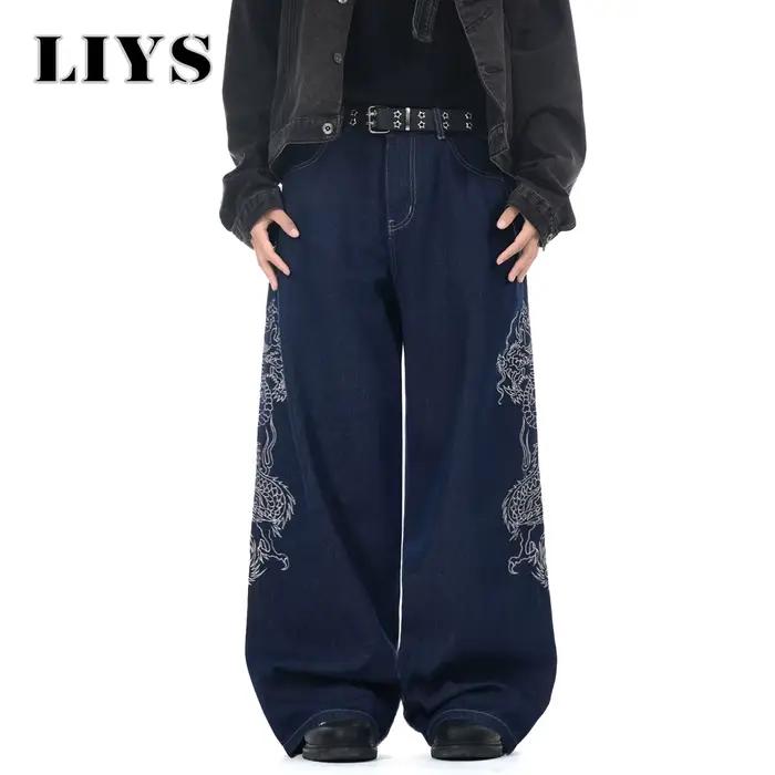 LIYS Nouveau Jean Baggy Bleu Brodé Dragon pour Homme, Coupe Large, Printemps-Été, Classique, Denim D
