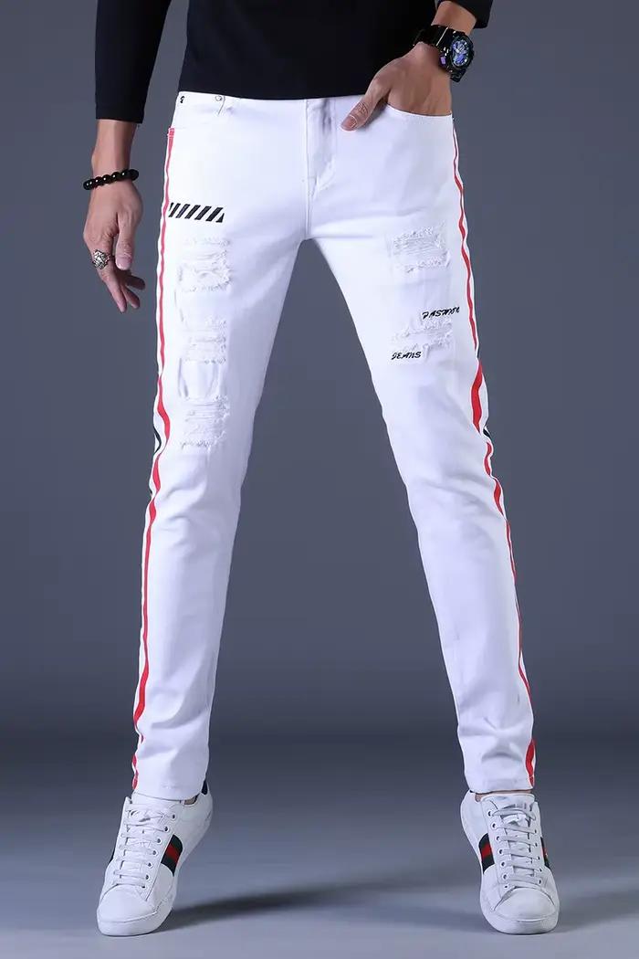 Mode de rue hommes jean blanc Stretch coupe maigre épissé concepteur Biker jean hommes patché Hip Ho