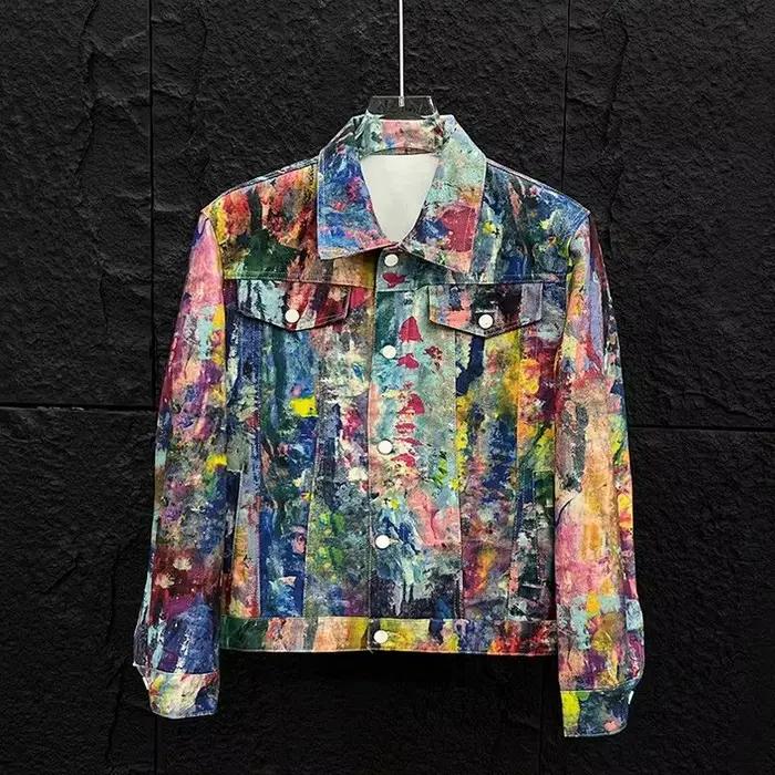 Veste en jean pour hommes, peinture à l'huile avec Graffiti peint, Cardigan rétro de rue pour garçon