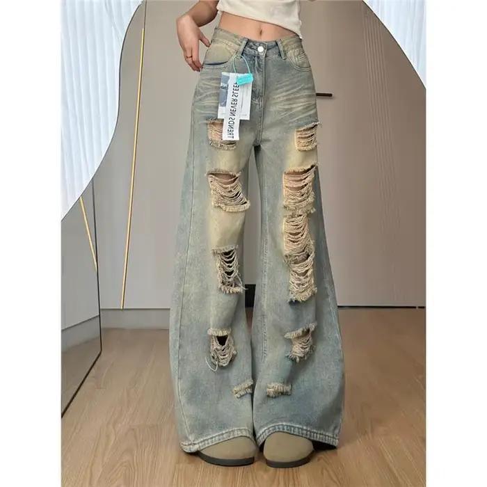 Jean droit délavé style rétro américain pour femme – Nouvelle tendance estivale, coupe ample et flui