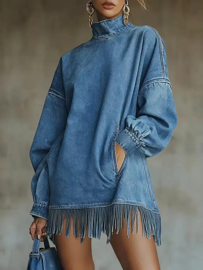 Robes en jean vintage pour femmes, col mi-haut, couleur unie, ourlet à franges, robe longue à manche