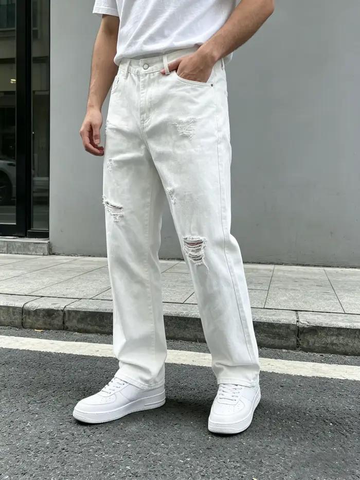 Jean en denim blanc déchiré coupe droite ample pour homme