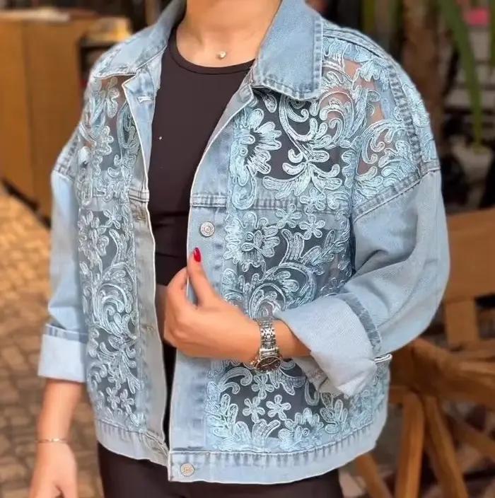 Manteau en jean pour femme, col rabattu, style vintage, dentelle Y2K, streetwear, décontracté, ample