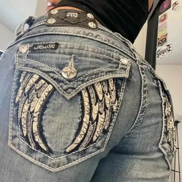 Jean Vintage des années 90 pour femme Y2K, bleu, avec poche à oreilles brodée, Hip Hop, Harajuku, pa
