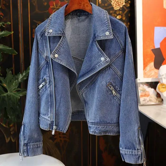 Manteaux en jean streetwear pour femmes, col rabattu, fermeture éclair, vêtements décontractés, haut