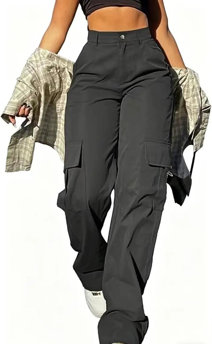 Pantalon décontracté taille haute coupe droite pour femme, pantalon de travail multi-poches couleur