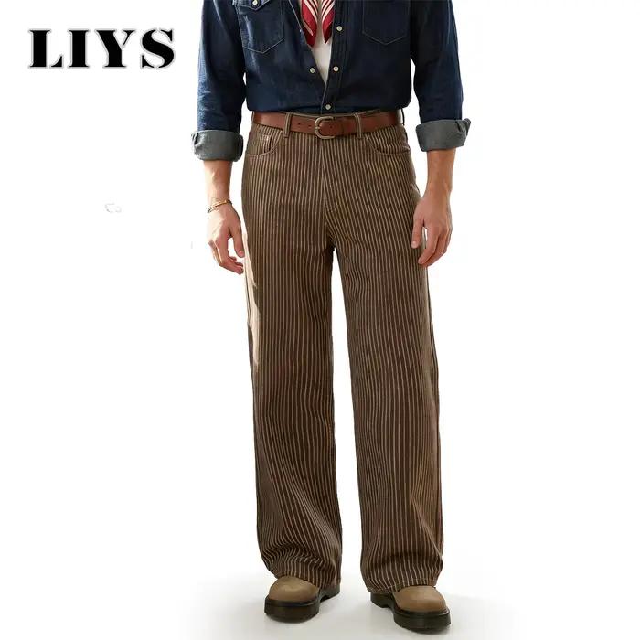 LIYS Jeans à rayures verticales jacquard style japonais et coréen, coupe large, rétro britannique, d
