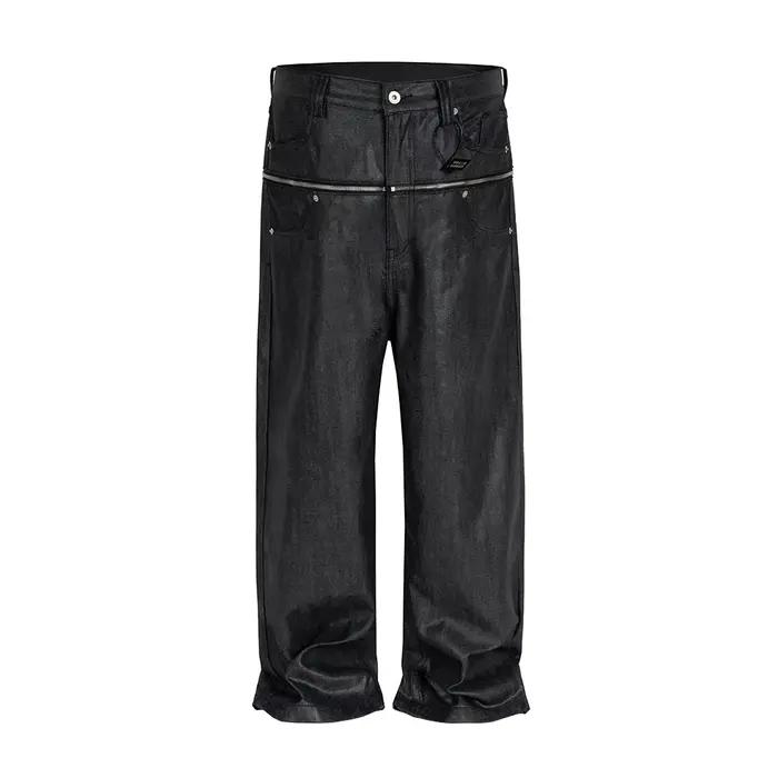 Vitnage Hip Hop fermeture éclair cire enduit jean Original pour hommes droit Ropa Hombre noir Denim
