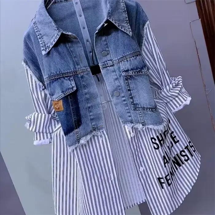 Veste en jean rayée pour femme, manteau de tempérament, haut à coutures fouettées, nouveau design, m