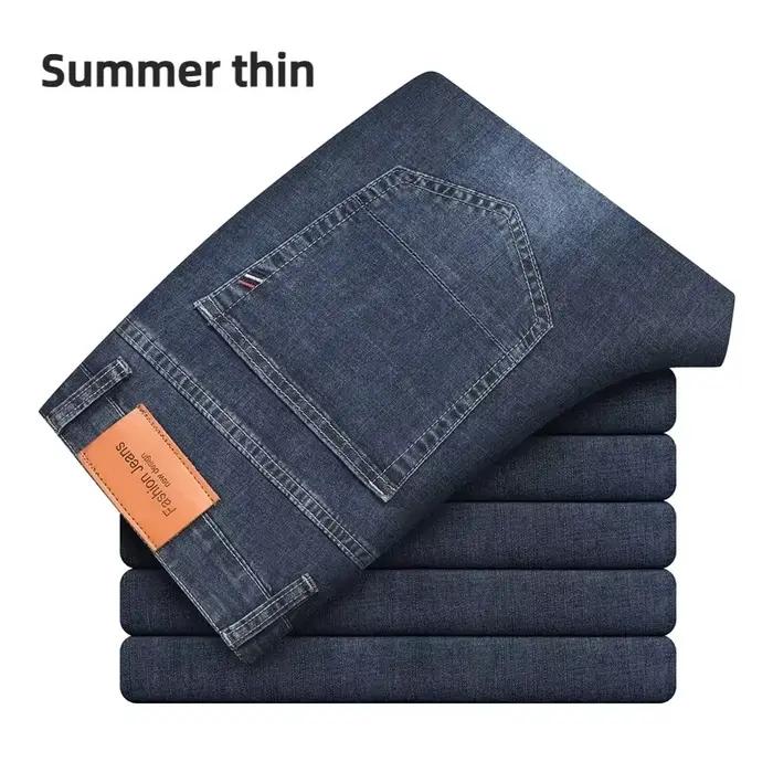 Jean en denim stretch de coton pour homme, coupe droite, taille haute, gris clair, bleu, matière fin