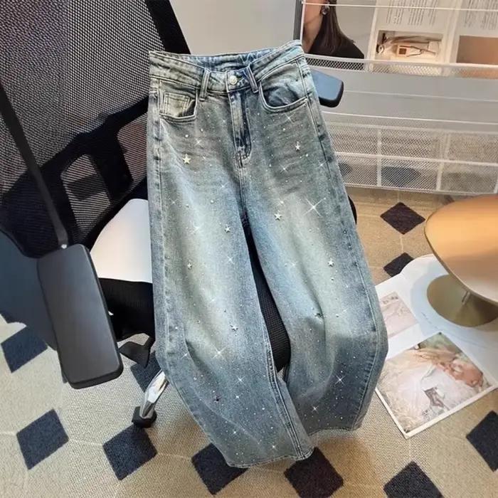 Jean bleu en Denim pour femmes, pantalon droit avec perles, perçage à chaud, Streetwear, taille haut