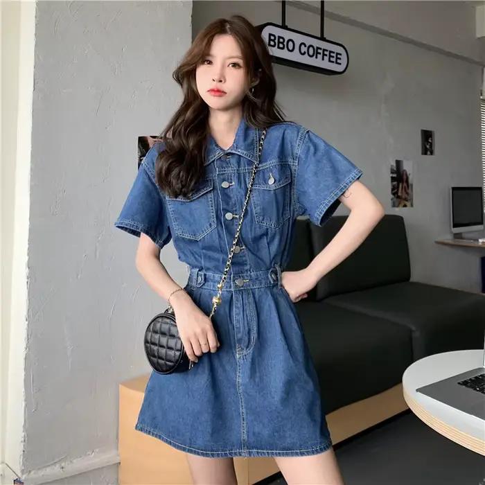 Robe chemise en jean vintage pour femme, taille haute, coupe trapèze, mini-robe en jean pour femme,