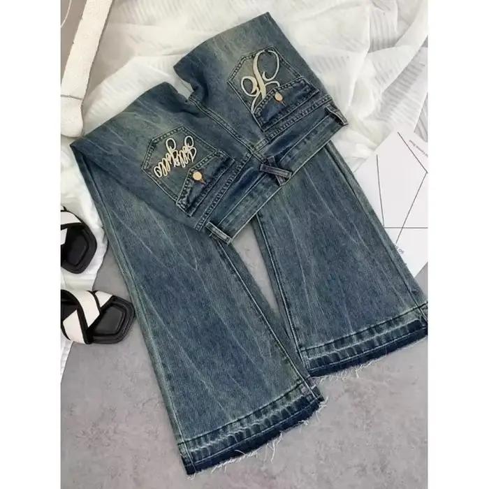 Jean taille basse rétro américain pour femme, nouvelle broderie d'automne, vieille mode décontractée